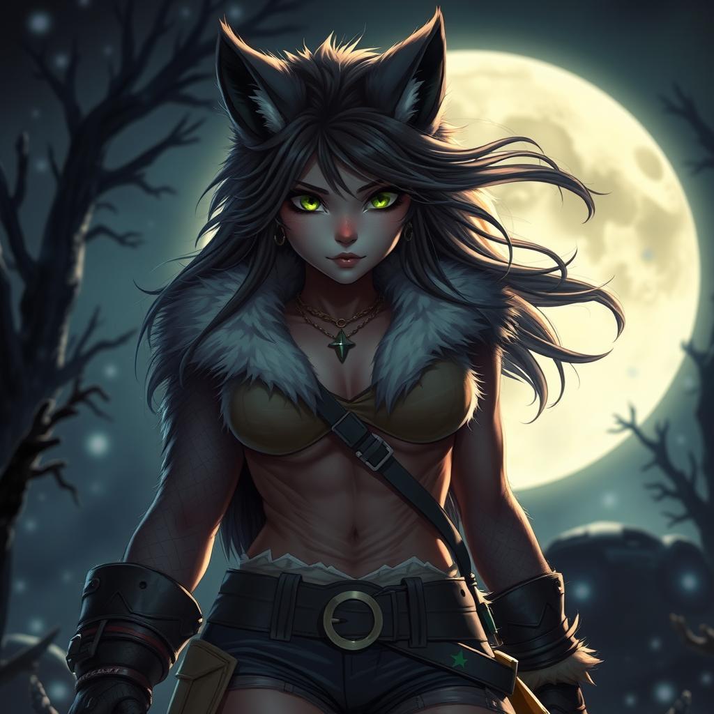 A stunning 21-year-old female werewolf with striking green eyes, embodying fearlessness as she explores the night