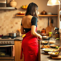 A beautiful 30-year-old Indian brunette maid, elegantly dressed in a striking red saree paired with a stylish black short blouse, is captured in a cozy kitchen while cooking delicious food