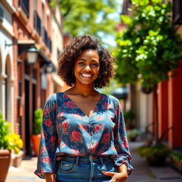 A 35-year-old woman of mixed ethnicity with a warm smile stands on a sunny street