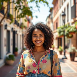 A 35-year-old woman of mixed ethnicity with a warm smile stands on a sunny street