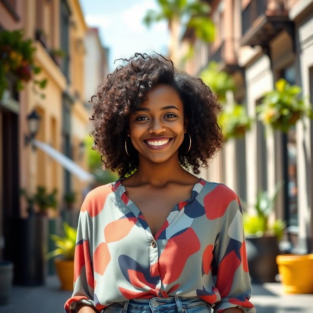 A 35-year-old woman of mixed ethnicity with a warm smile stands on a sunny street