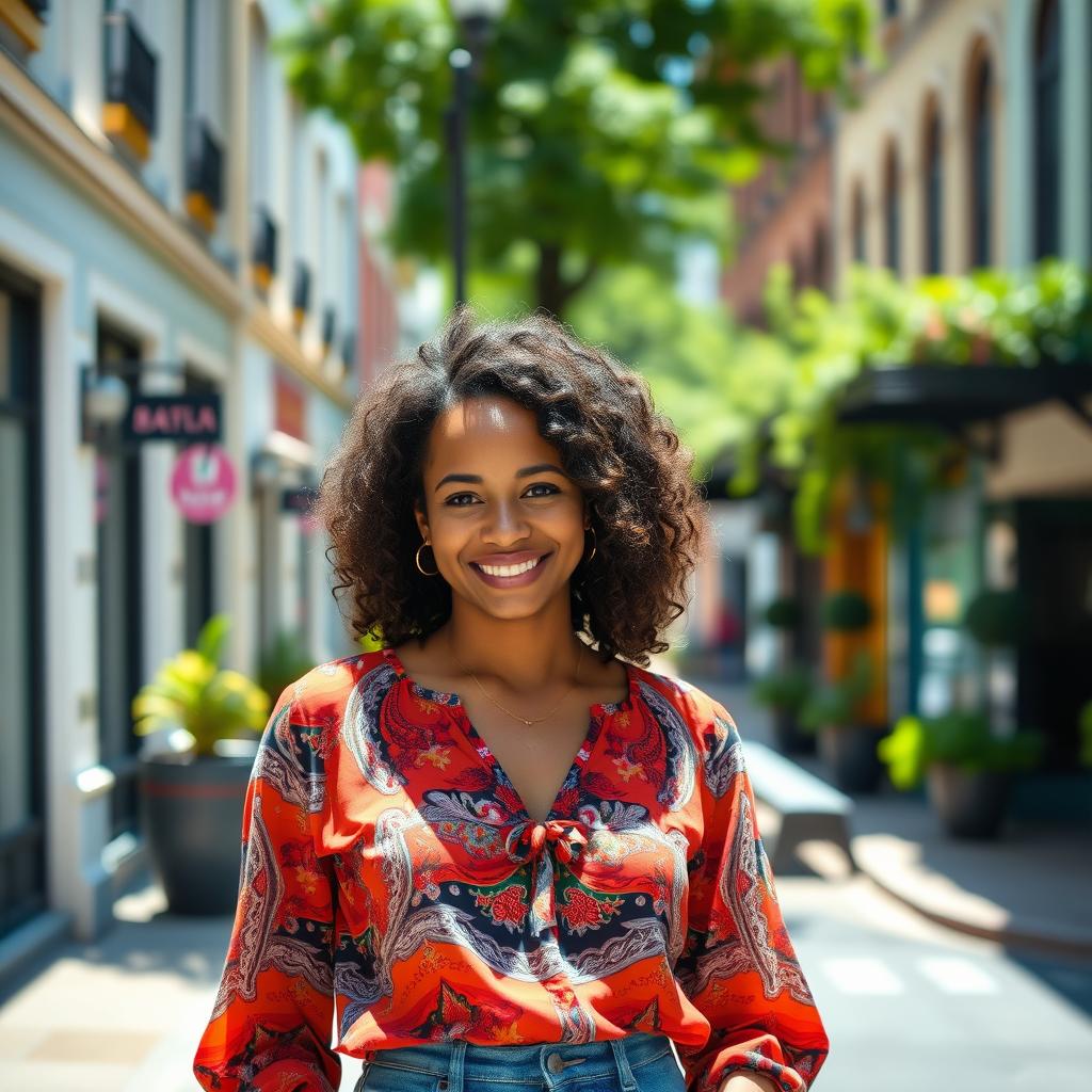 A 35-year-old woman of mixed ethnicity with a warm smile stands on a sunny street