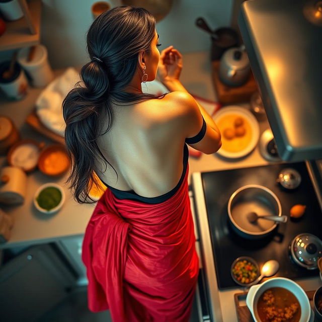 A beautiful 30-year-old Indian brunette maid, elegantly adorned in a vibrant red saree and a stylish black short blouse, is captured from a top view as she cooks delicious food in a cozy kitchen