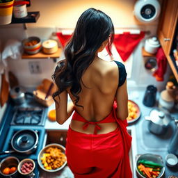 A beautiful 30-year-old Indian brunette maid, elegantly dressed in a vibrant red saree and a stylish black short blouse, is captured from a top view in a cozy kitchen as she cooks delicious food