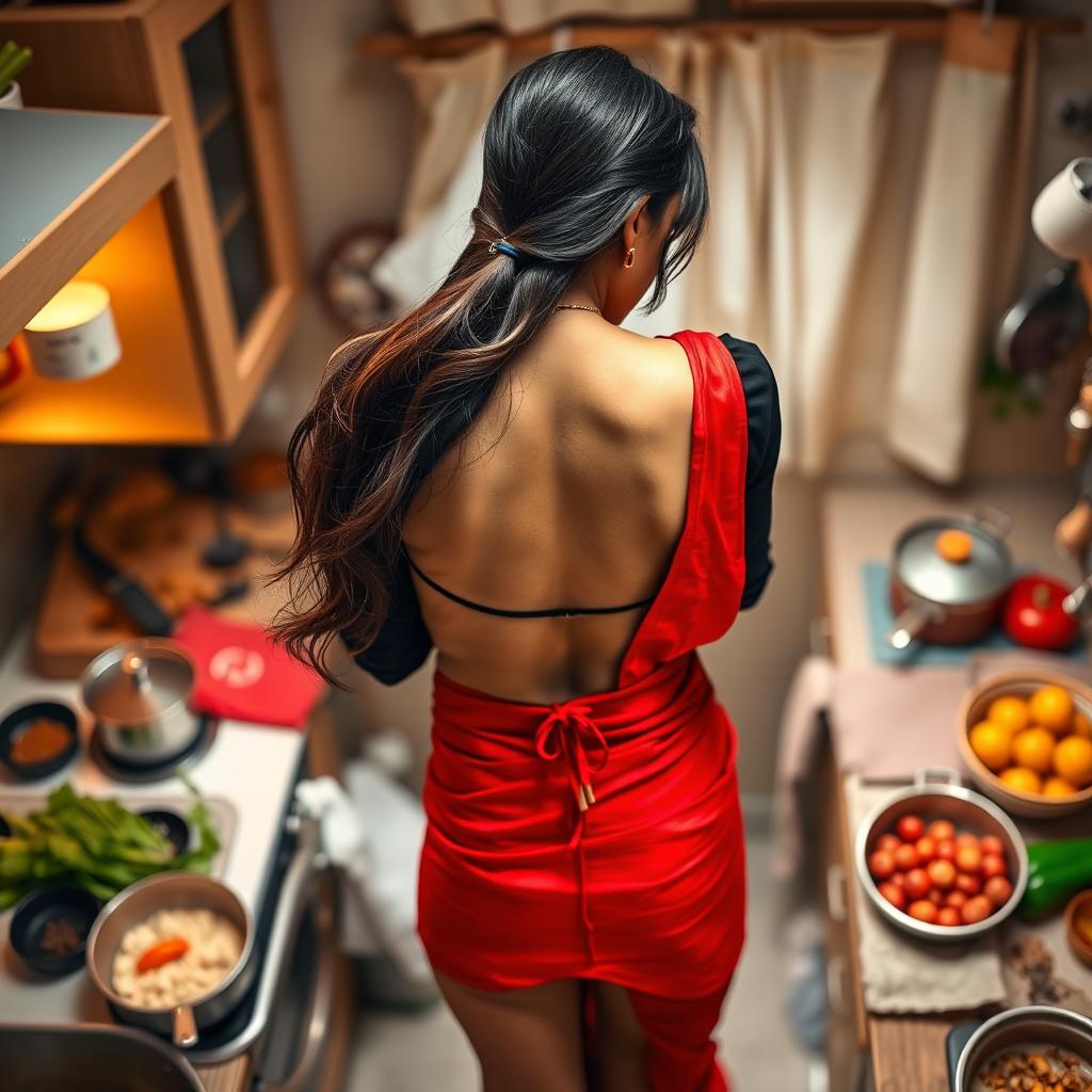 A beautiful 30-year-old Indian brunette maid, elegantly dressed in a vibrant red saree and a stylish black short blouse, is captured from a top view in a cozy kitchen as she cooks delicious food