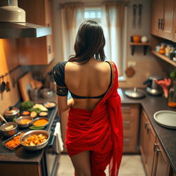 A beautiful 30-year-old Indian brunette maid, elegantly dressed in a vibrant red saree and a stylish black short blouse, is captured from a top view in a cozy kitchen as she cooks delicious food