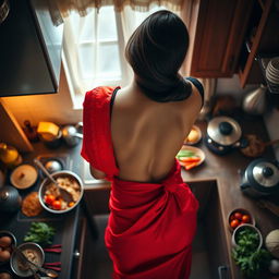 A close-up top view of a beautiful 30-year-old Indian brunette maid, elegantly dressed in a vibrant red saree and a stylish black short blouse, is depicted in a cozy kitchen while cooking food