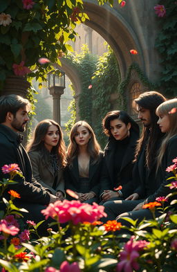 A dark academia themed scene depicting a group of diverse friends gathered in a lush garden adorned with vibrant flowers