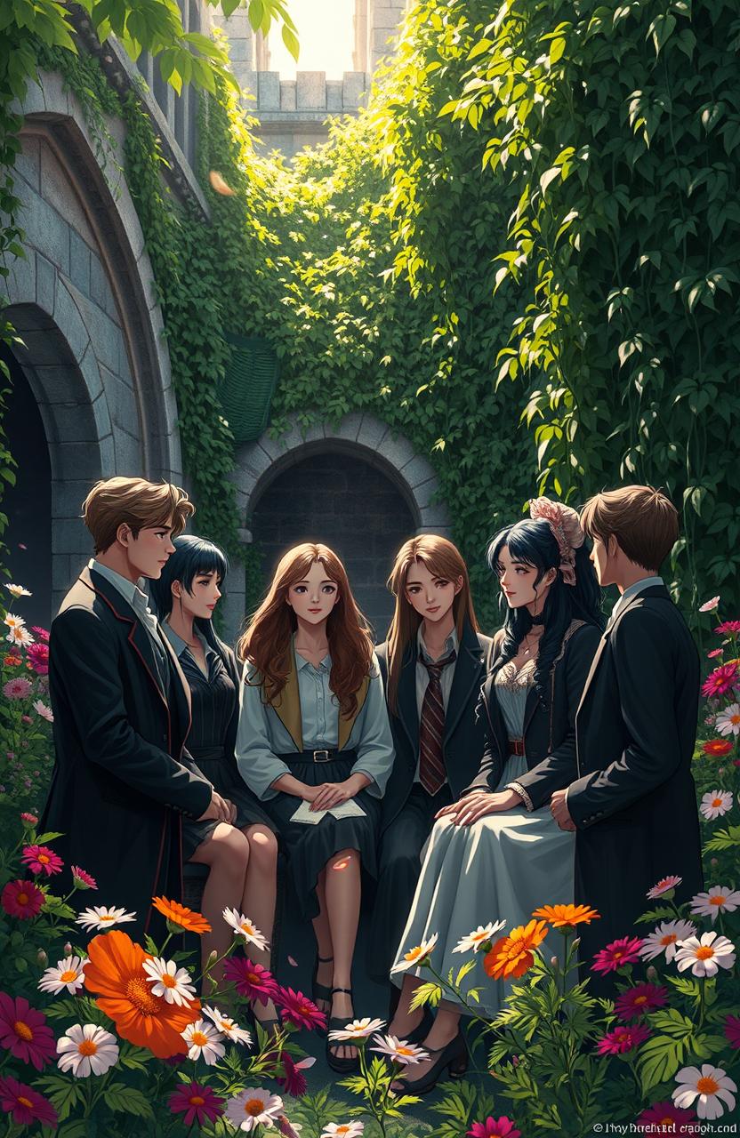 A dark academia themed scene depicting a group of diverse friends gathered in a lush garden adorned with vibrant flowers