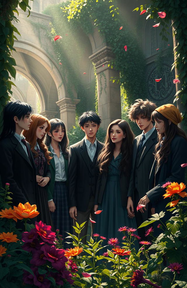 A dark academia themed scene depicting a group of diverse friends gathered in a lush garden adorned with vibrant flowers