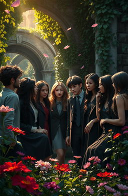 A dark academia themed scene depicting a group of diverse friends gathered in a lush garden adorned with vibrant flowers
