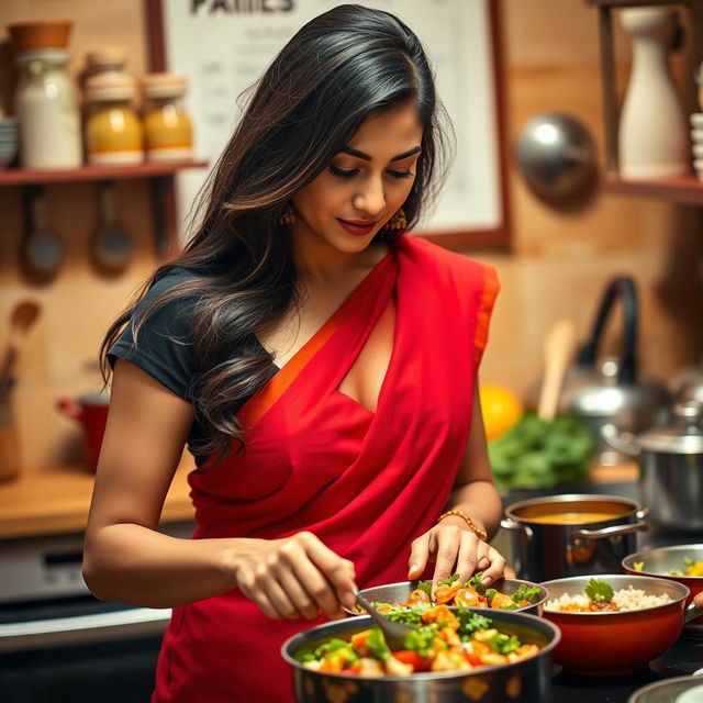 A close-up top view of a beautiful 30-year-old Indian brunette maid, elegantly wearing a vibrant red saree paired with a stylish black short blouse, is depicted while cooking