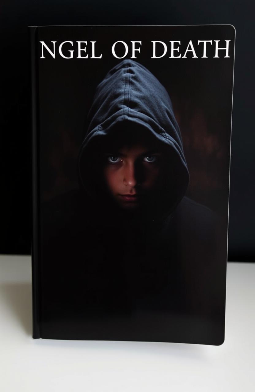 A mysterious book cover featuring a boy in a black hoodie, surrounded by deep, enveloping shadows that create an aura of intrigue