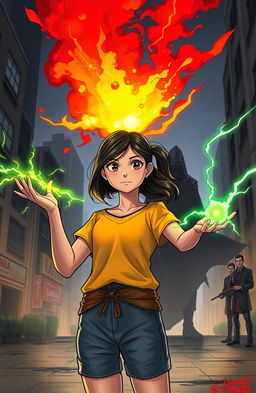 A powerful girl named Maria standing in an urban setting, with a focused expression as she employs her unique powers