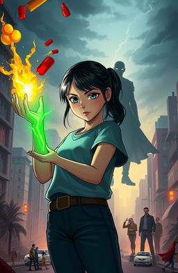 A powerful girl named Maria standing in an urban setting, with a focused expression as she employs her unique powers