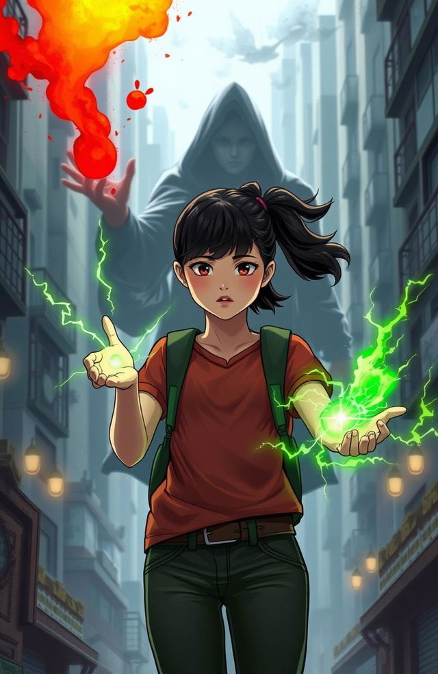 A powerful girl named Maria standing in an urban setting, with a focused expression as she employs her unique powers