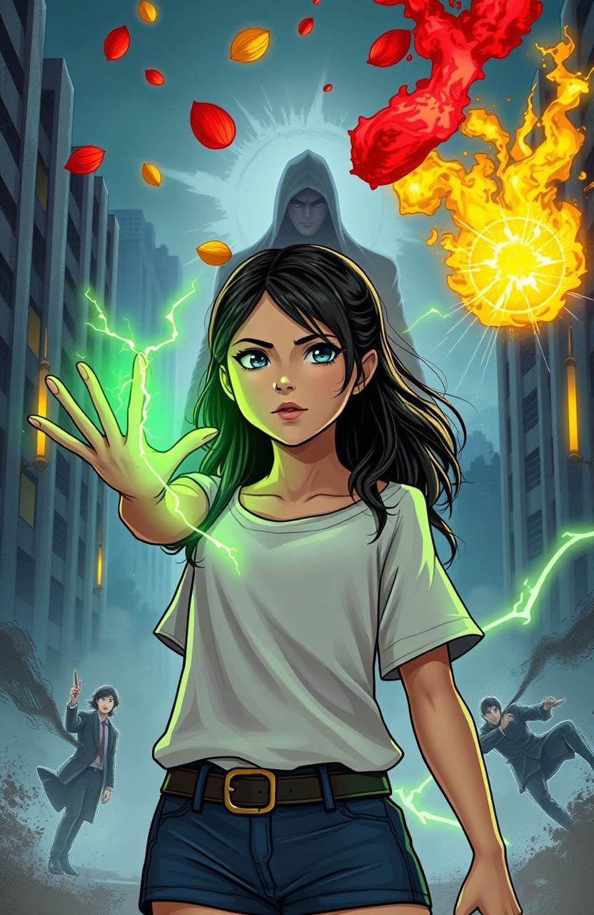 A powerful girl named Maria standing in an urban setting, with a focused expression as she employs her unique powers