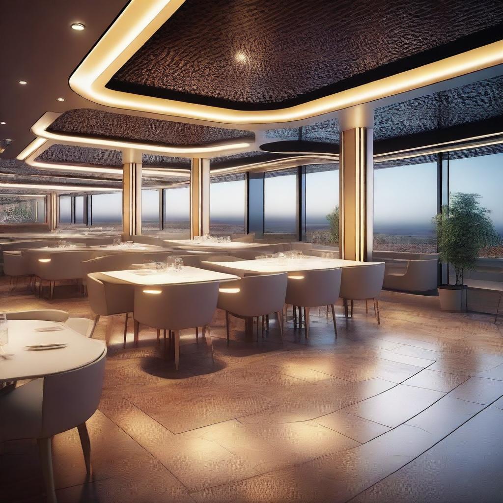 A high-quality, realistic image of a bright, futuristic restaurant deck