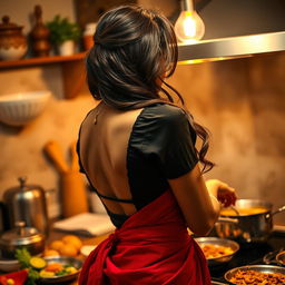 A view looking over the shoulder of a beautiful brunette Indian maid, showcasing her deep cleavage as she wears a stylish black blouse paired with a vibrant red saree