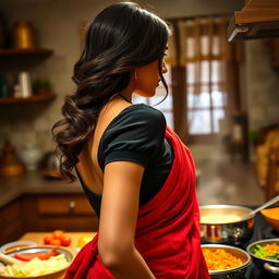 A view looking over the shoulder of a beautiful brunette Indian maid, showcasing her deep cleavage as she wears a stylish black blouse paired with a vibrant red saree