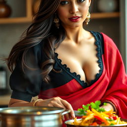 A close-up view looking over the shoulder of a beautiful brunette Indian maid as she cooks food, wearing a stylish black blouse that highlights her deep cleavage and a vibrant red saree