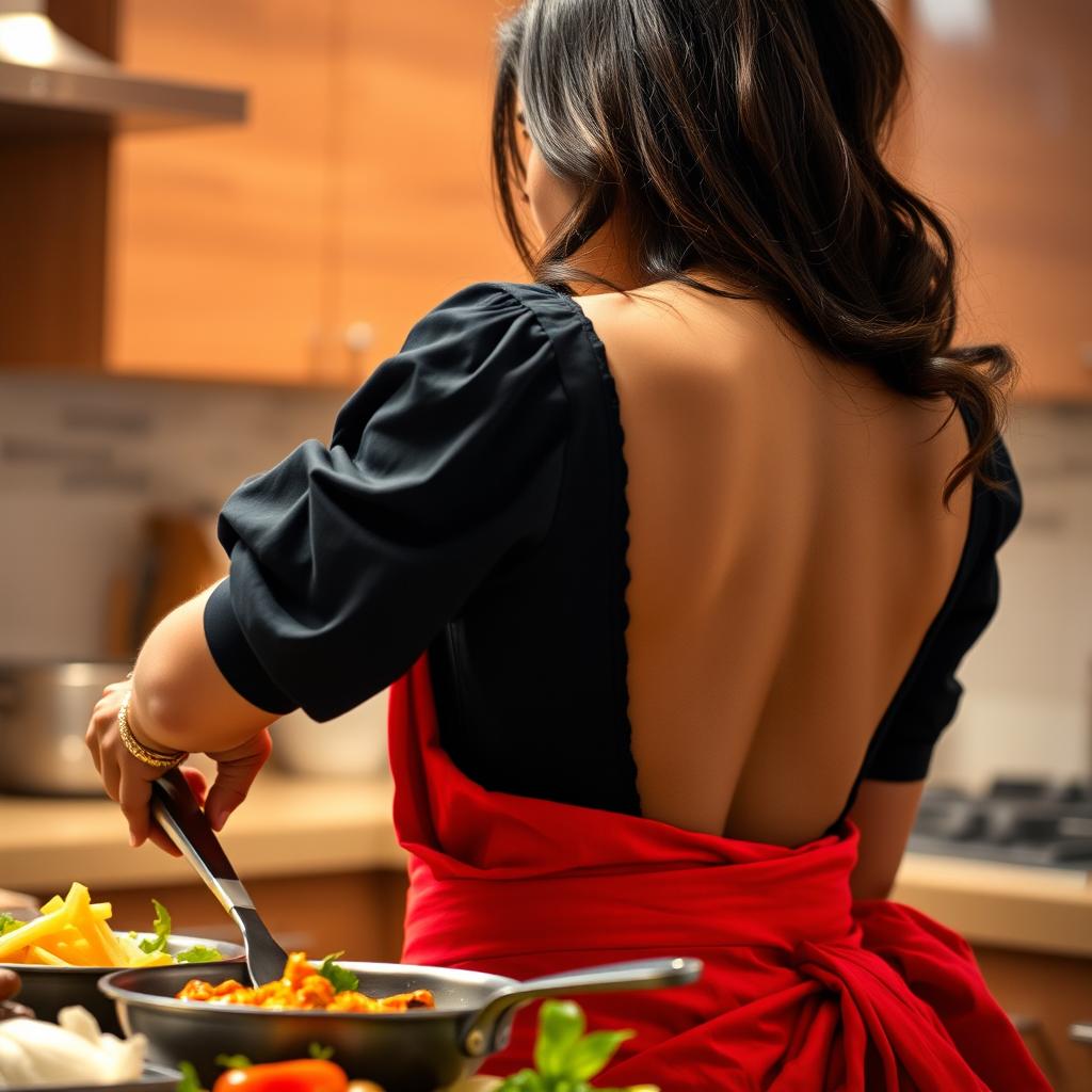 A very close-up view looking over the shoulder of a stunning brunette Indian maid, showcasing her deep cleavage while wearing a fashionable black blouse and a vibrant red saree