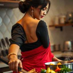 A very close-up view looking over the shoulder of a stunning brunette Indian maid, showcasing her deep cleavage while wearing a fashionable black blouse and a vibrant red saree