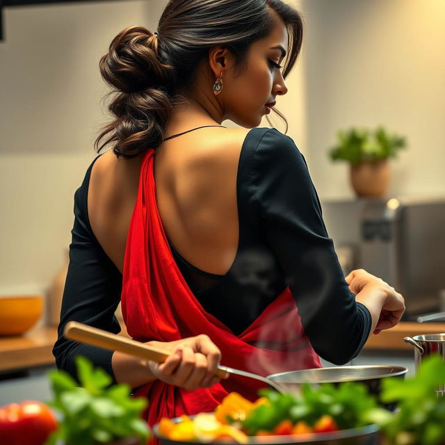 A very close-up view looking over the shoulder of a stunning brunette Indian maid, showcasing her deep cleavage while wearing a fashionable black blouse and a vibrant red saree