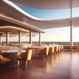 A high-quality, realistic image of a bright, futuristic restaurant deck