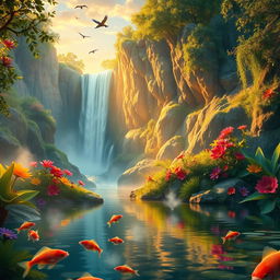 A vibrant fantasy landscape featuring a majestic waterfall cascading down rocky cliffs
