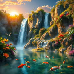 A vibrant fantasy landscape featuring a majestic waterfall cascading down rocky cliffs