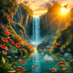 A vibrant fantasy landscape featuring a majestic waterfall cascading down rocky cliffs