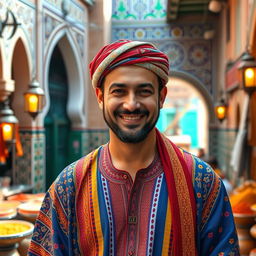 A portrait of a Moroccan man wearing traditional attire, including a colorful djellaba and a keffiyeh