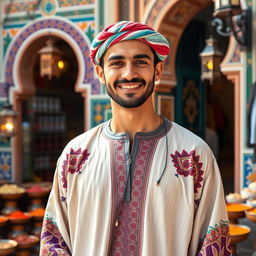 A portrait of a Moroccan man wearing traditional attire, including a colorful djellaba and a keffiyeh