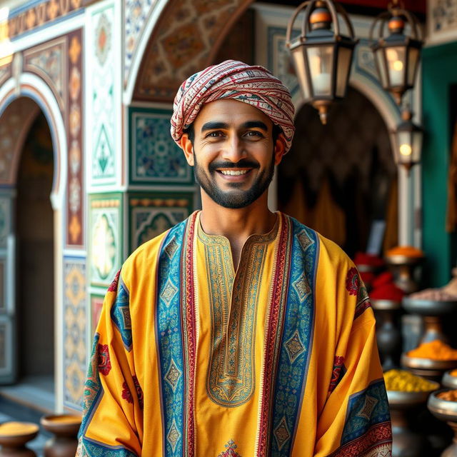 A portrait of a Moroccan man wearing traditional attire, including a colorful djellaba and a keffiyeh