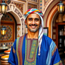 A portrait of a Moroccan man wearing traditional attire, including a colorful djellaba and a keffiyeh