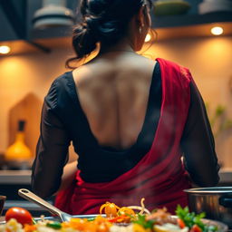 A very close-up view where the camera is positioned over the shoulder of a beautiful brunette Indian maid, captured from behind, emphasizing her deep cleavage as she wears a fashionable black blouse and an elegant red saree