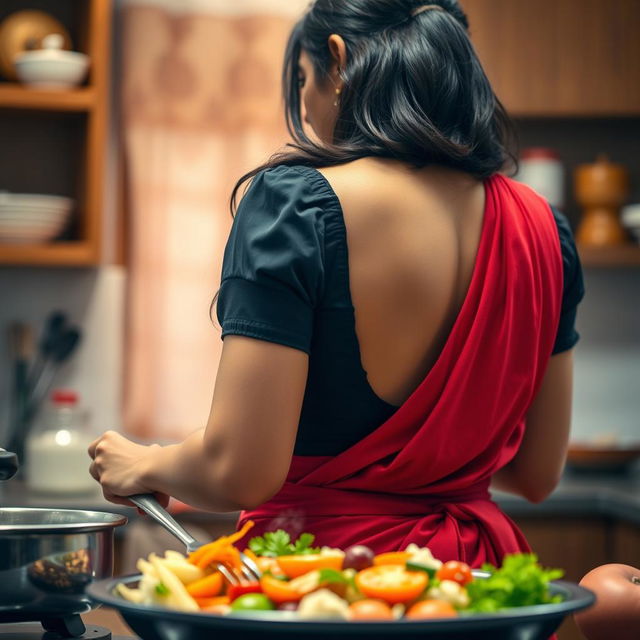 A very close-up view where the camera is positioned over the shoulder of a beautiful brunette Indian maid, captured from behind, emphasizing her deep cleavage as she wears a fashionable black blouse and an elegant red saree