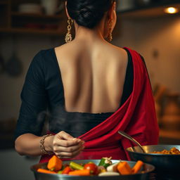 A very close-up view where the camera is positioned over the shoulder of a beautiful brunette Indian maid, captured from behind, emphasizing her deep cleavage as she wears a fashionable black blouse and an elegant red saree