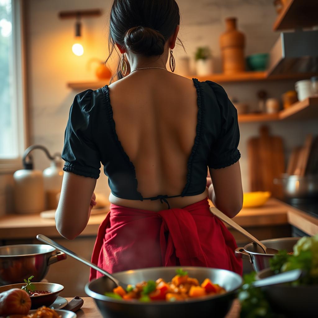 A very close-up view where the camera is positioned above and looking down at a stunning brunette Indian maid from behind, showcasing her deep cleavage as she wears a stylish black blouse and a flowing red saree