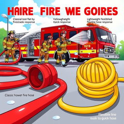 A vibrant illustration showcasing various types of fire hoses used by firefighters