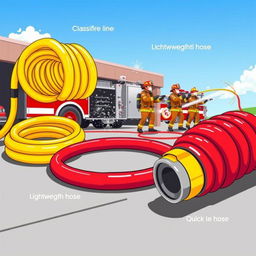 A vibrant illustration showcasing various types of fire hoses used by firefighters