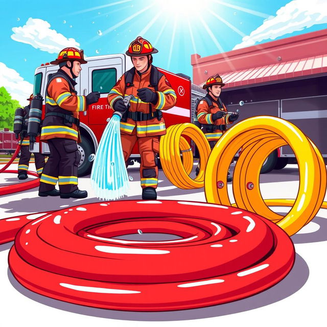 A vibrant illustration showcasing various types of fire hoses used by firefighters