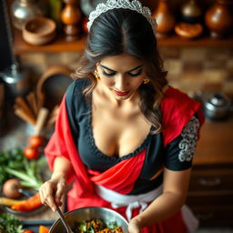 A top close-up view showcasing a gorgeous brunette Indian maid, highlighting her deep cleavage as she wears a stylish black blouse paired with a flowing red saree