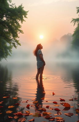 A visually striking depiction of a person standing at the edge of a serene lake at sunrise, reflecting a journey of self-discovery and letting go