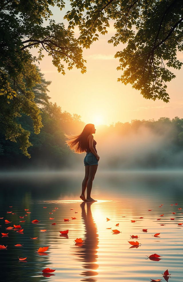 A visually striking depiction of a person standing at the edge of a serene lake at sunrise, reflecting a journey of self-discovery and letting go