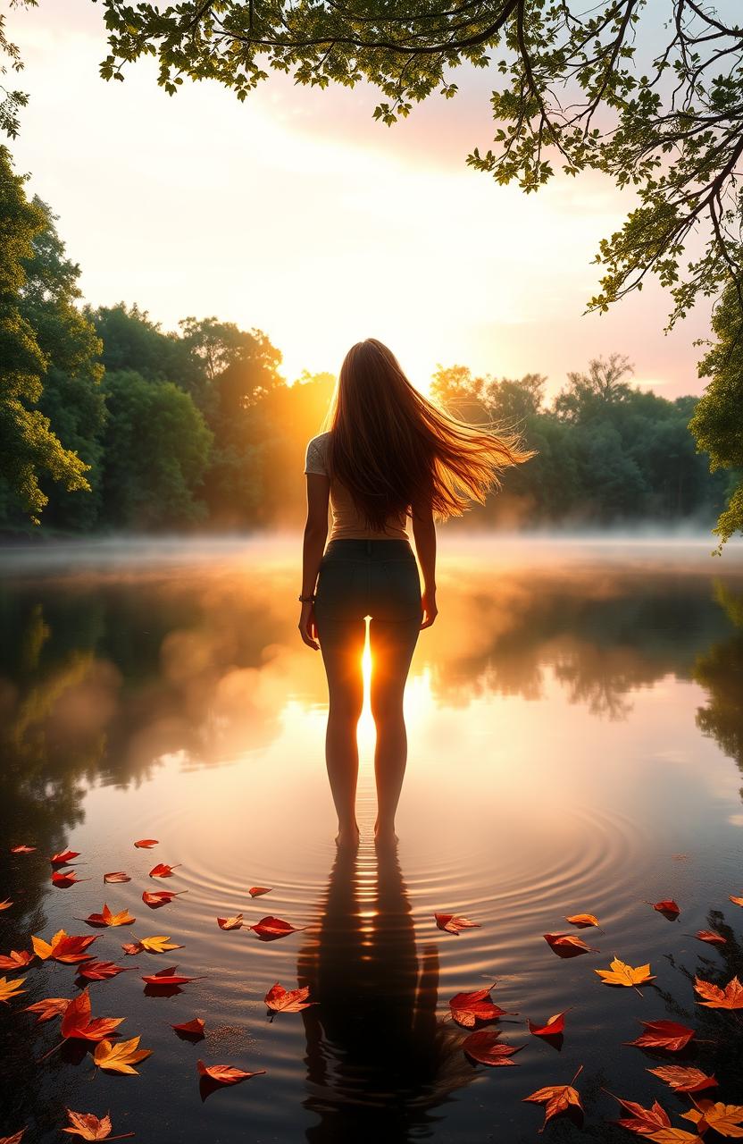 A visually striking depiction of a person standing at the edge of a serene lake at sunrise, reflecting a journey of self-discovery and letting go