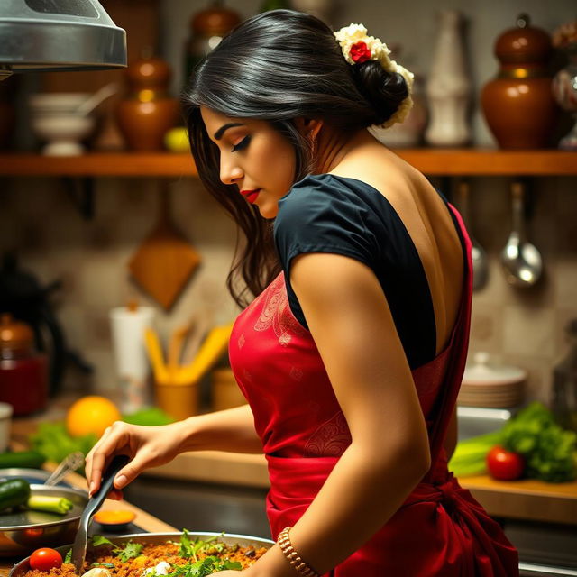 A top close-up view showcasing a stunning brunette Indian maid from the side, highlighting her deep cleavage as she wears an elegant black blouse along with a vibrant red saree