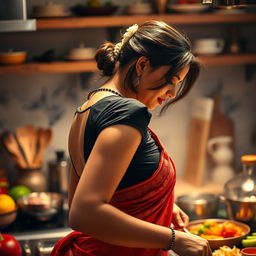 A top close-up view showcasing a stunning brunette Indian maid from the side, highlighting her deep cleavage as she wears an elegant black blouse along with a vibrant red saree