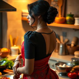 A top close-up view showcasing a stunning brunette Indian maid from the side, highlighting her deep cleavage as she wears an elegant black blouse along with a vibrant red saree